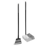 Introducing the Petmate Clean Response Aluminum Rake & Pan set, perfect for backyard dog waste cleanup. This rust-resistant toolset features a black-handled rake with multiple prongs and a perforated dustpan, both with long handles. Practical and stylish by Petmate.