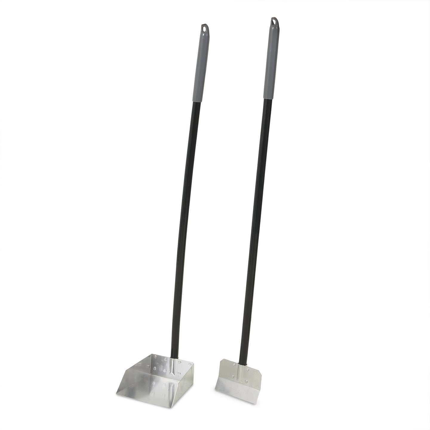 The Petmate Clean Response Aluminum Spade & Pan Pooper Scooper Set features two metal scoops with long black handles and gray grips. One scoop is flat like a spade, while the other is slightly curved, standing upright against a white background for efficient handling.