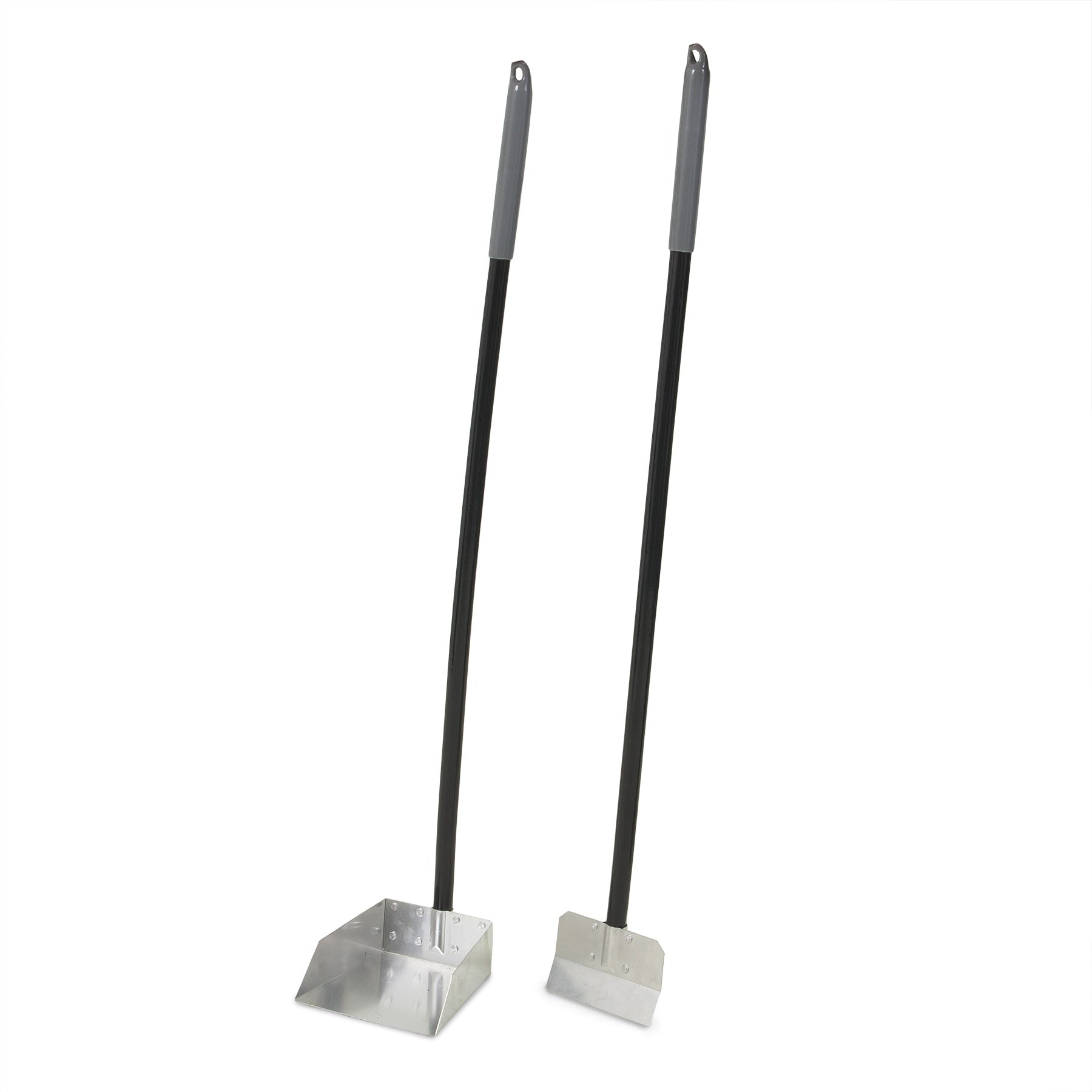 The Petmate Clean Response Aluminum Spade & Pan Pooper Scooper Set features two metal scoops with long black handles and gray grips. One scoop is flat like a spade, while the other is slightly curved, standing upright against a white background for efficient handling.