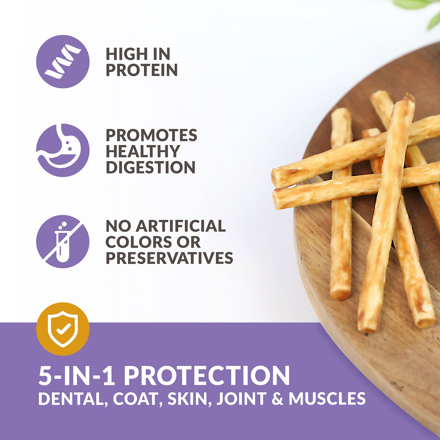 On a white surface, a wooden plate showcases Wild Eats Collagen + Duck Treats. Icons highlight benefits: high in protein, promotes healthy digestion, and free from artificial colors or preservatives. The text reads: 5-in-1 Protection - Dental, Coat, Skin, Joint & Muscles.