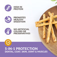 On a white surface, a wooden plate showcases Wild Eats Collagen + Duck Treats. Icons highlight benefits: high in protein, promotes healthy digestion, and free from artificial colors or preservatives. The text reads: 5-in-1 Protection - Dental, Coat, Skin, Joint & Muscles.