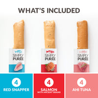Image of three rolled purees labeled left to right: Red Snapper, Salmon with Ancient Grains, and Ahi Tuna. Each with fish illustration showing 4 for quantity. Top text says Whats Included. Wild Eats Simply Puree Variety Pack. Infused with Omega-3 for premium pet nutrition and cat hydration by Wild Eats.