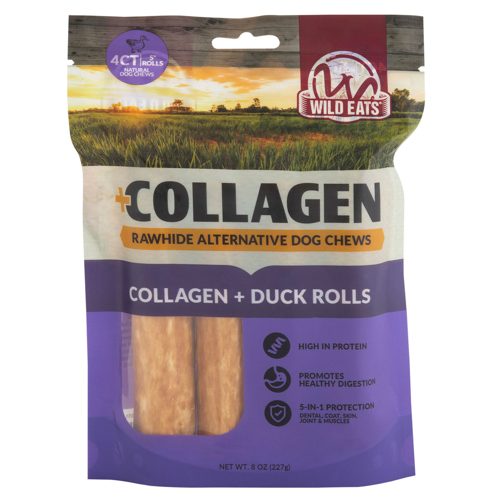 Wild Eats Collagen + Duck Treats are a rawhide alternative featuring duck rolls, boasting high protein and supporting healthy digestion. They offer 5-in-1 benefits: dental care, coat health, skin vitality, joint support, and muscle maintenance.