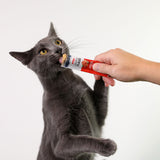 A gray cat eagerly licks a Wild Eats Simply Puree Salmon Cat Treat from a red and white pouch in someones hand. The plain light background highlights the cats excited expression as it enjoys the Omega-3-rich treat.