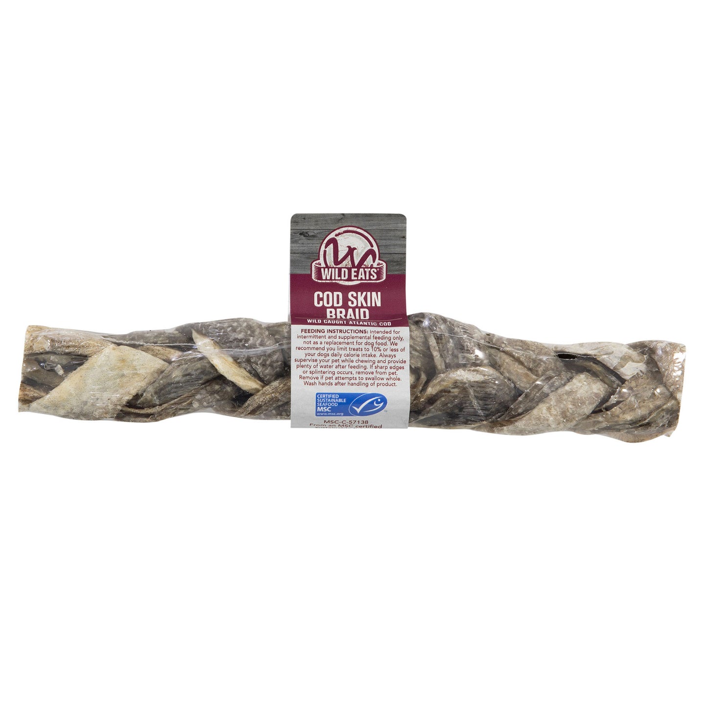 Wild Eats Cod Skin Braid treats are made from cod skin, rich in omega-3 fatty acids for dental health. Packaging highlights the Wild Eats brand name, feeding instructions, and a blue quality assurance seal.