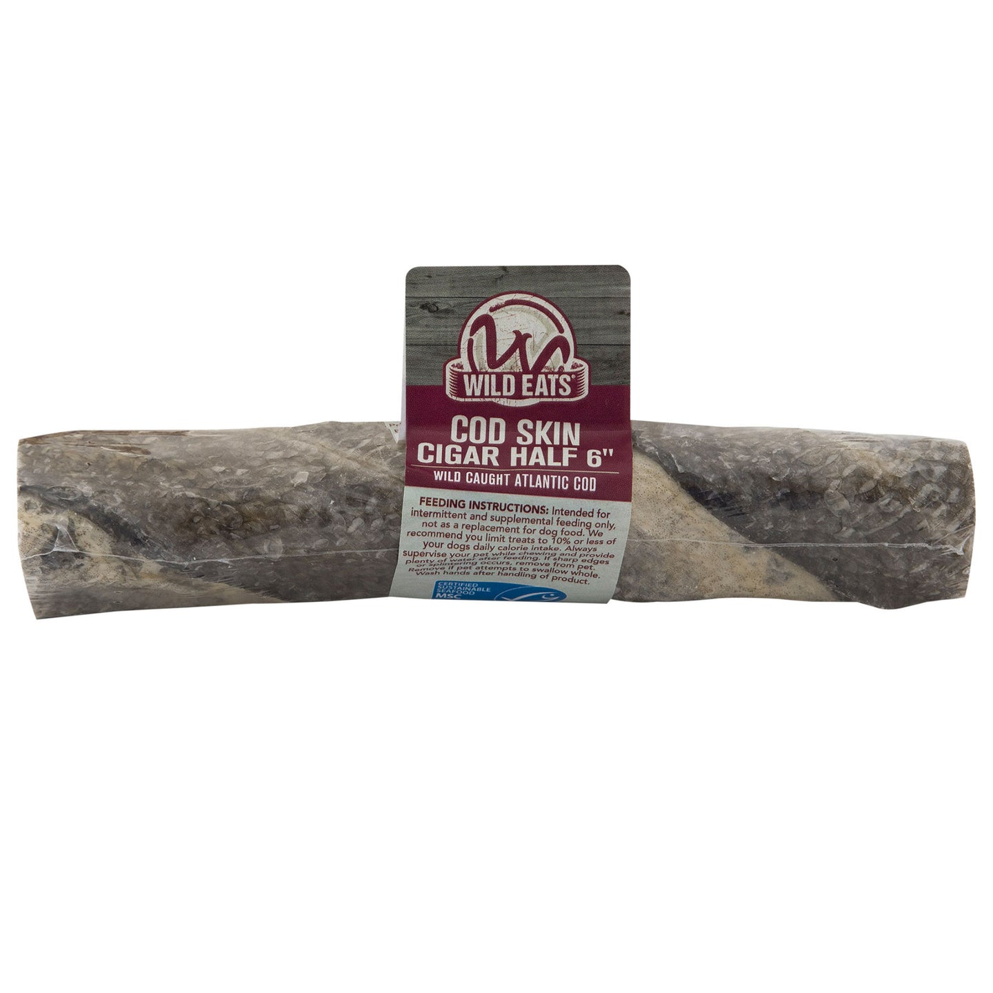 Wild Eats presents the Cod Skin Cigar Half 6 Wrap, a natural dog treat crafted from wild-caught MSC-certified Atlantic cod. This 6-inch rolled, textured treat is rich in Omega-3 and comes with feeding instructions on the packaging.