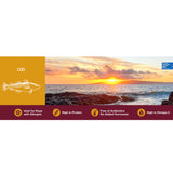 A sunset over a rocky coastline, featuring Wild Eats Cod Skin Twist Dog Treats, showcases benefits: perfect for allergy-prone dogs, high protein, no antibiotics or added hormones, Omega-3 rich. Certified by Marine Stewardship Council.