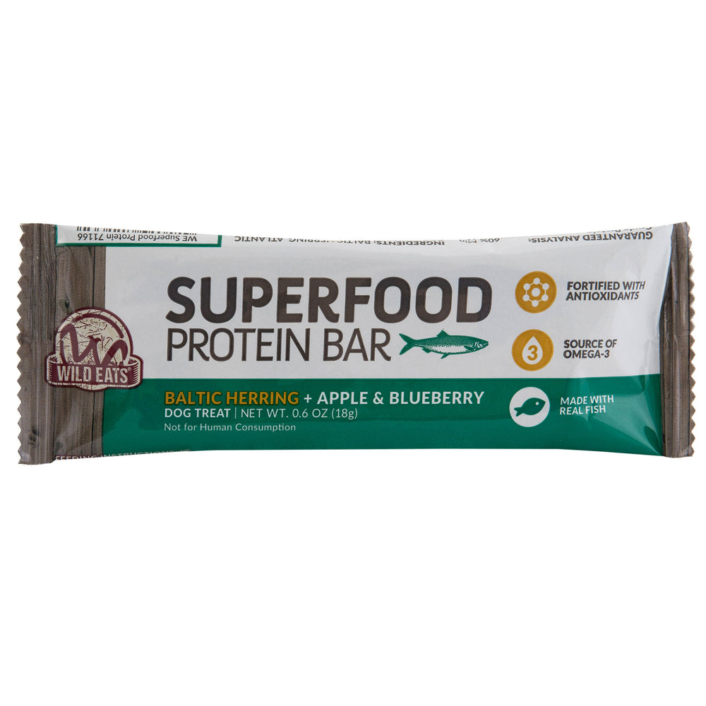 Introducing the Wild Eats Superfood Protein Bar crafted for dogs, featuring delicious Baltic Herring, Apple, and Blueberry flavors. Packed with antioxidants and rich in Omega-3, it’s specially made for canine enjoyment!.