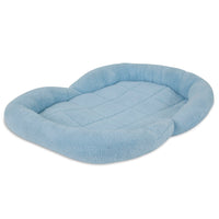 The Petmate Puppy Bolster Mat by Petmate is a soft, light blue pet bed with a quilted base and cushioned edges for comfort. Made from ultra-soft material, its rectangular shape with rounded corners ensures coziness, and the non-skid bottom keeps it secure.