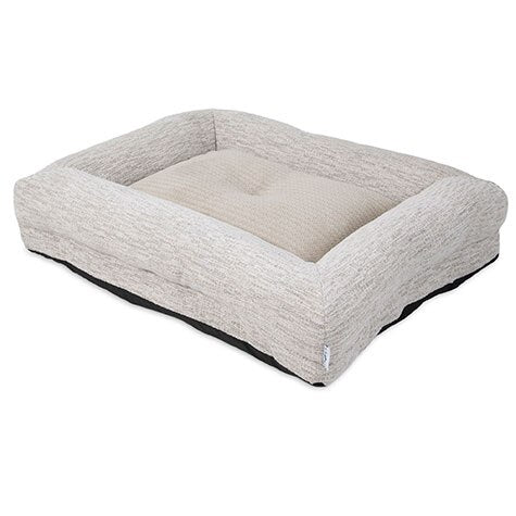 The La-Z-Boy Salt & Pepper Rosie Lounger Dog Bed features a gray textured, rectangular design with cushioned sides and a slightly elevated edge for pets comfort. Its Comfort Select filling ensures superior coziness, is machine washable, and positioned on a white background.