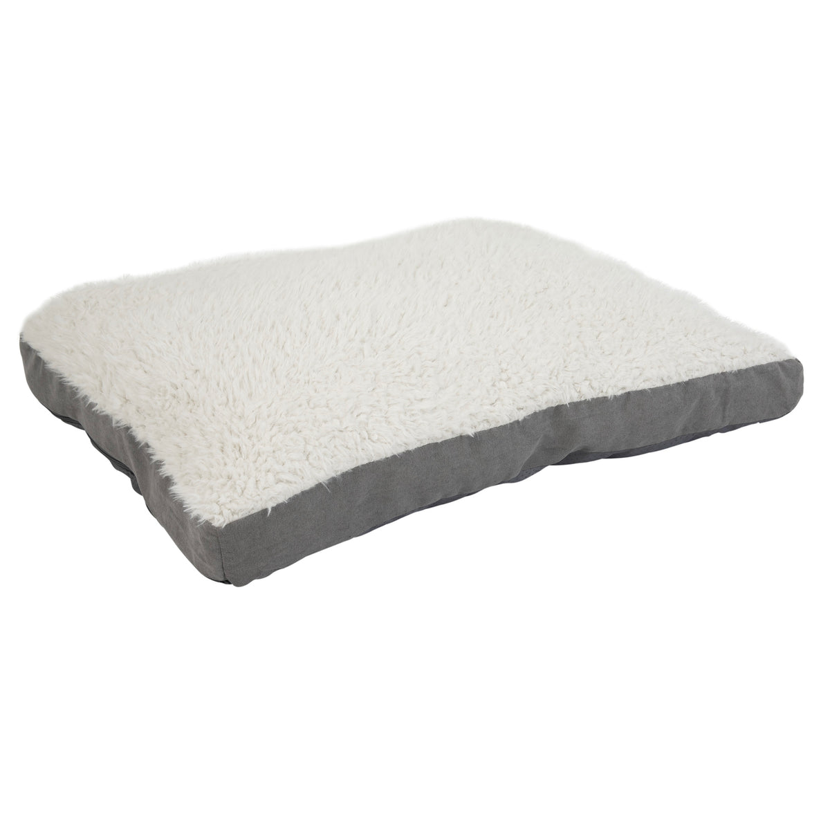 The Petmate Lion Plush Gussett Bed, featuring a luxurious rectangular design with a soft white top and gray sides, offers pets an inviting, cozy space to rest comfortably.