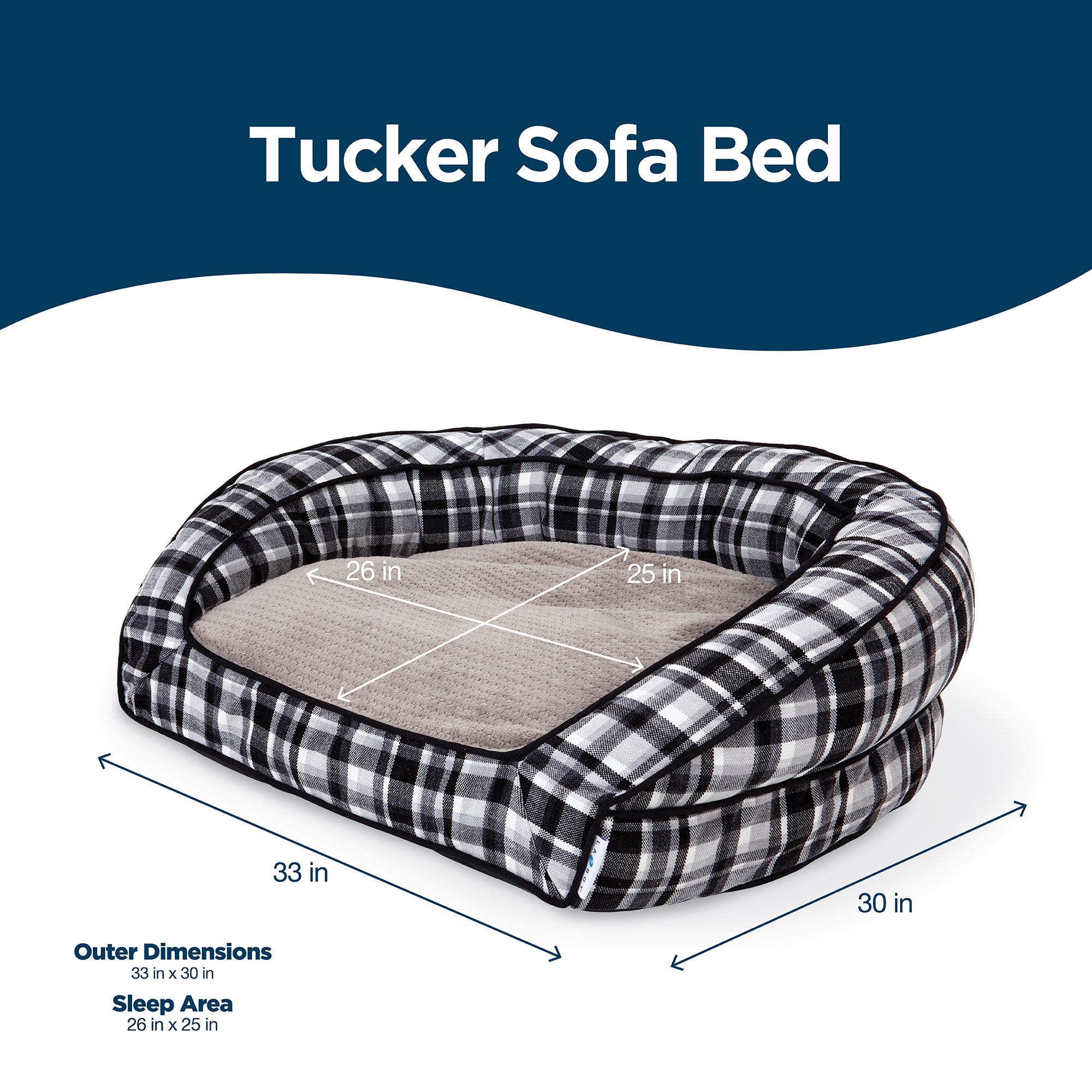Introducing the La-Z-Boy Tucker Plaid Sofa Dog Bed in classic black and white. Ideal for medium-sized dogs, it includes ComfortSelect fiberfill and raised sides for comfort. Its outer dimensions are 33x30 inches, with a sleep area of 26x25 inches.