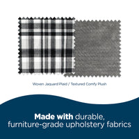 Two fabric swatches displayed: a black and white woven jacquard plaid and a gray textured comfy plush. Text reads, Crafted with durable, furniture-grade upholstery fabrics, perfect for the La-Z-Boy Tucker Plaid Sofa Dog Bed filled with ComfortSelect fiberfill for medium-sized dogs.
