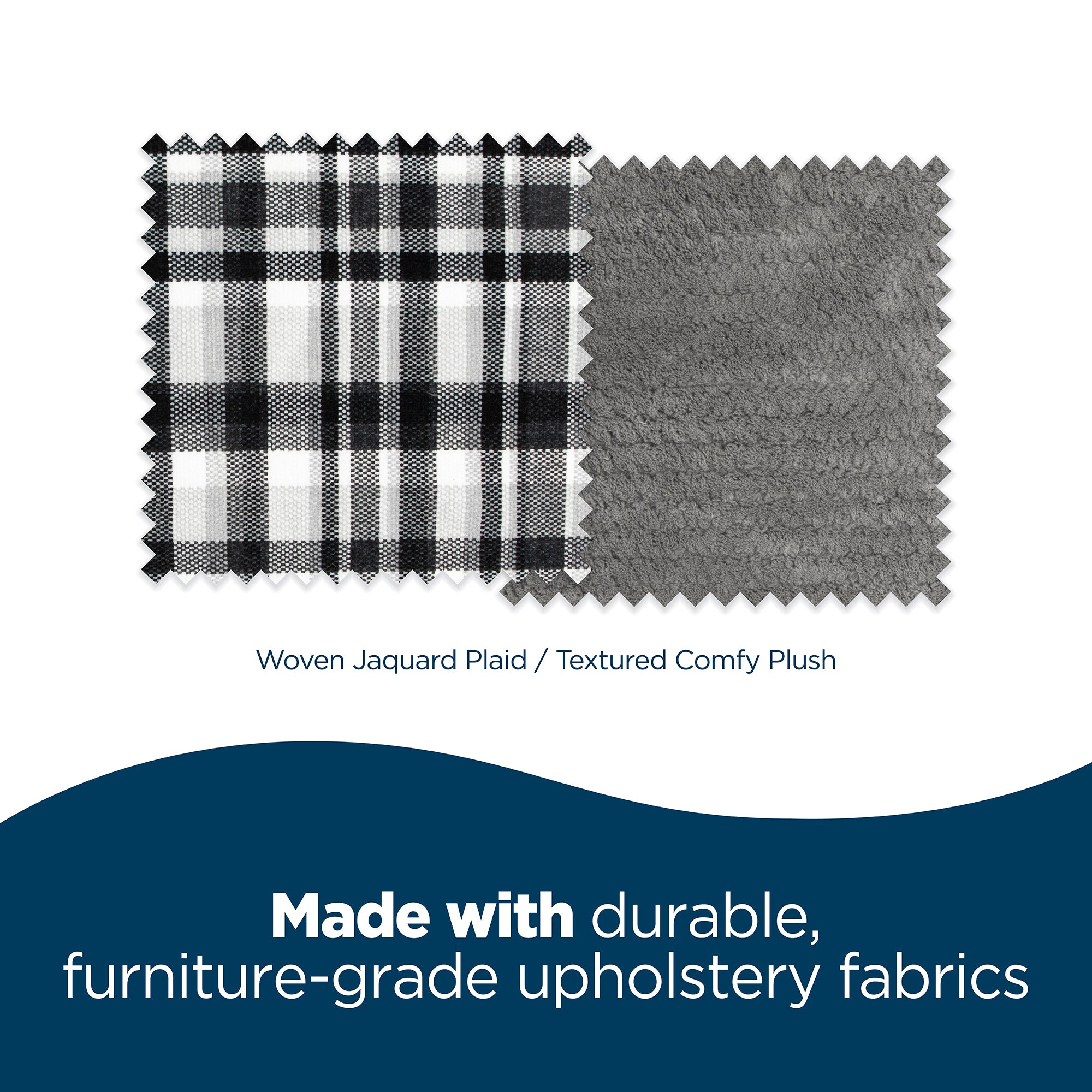 Two fabric swatches displayed: a black and white woven jacquard plaid and a gray textured comfy plush. Text reads, Crafted with durable, furniture-grade upholstery fabrics, perfect for the La-Z-Boy Tucker Plaid Sofa Dog Bed filled with ComfortSelect fiberfill for medium-sized dogs.