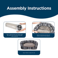 Assembly instructions for the La-Z-Boy Tucker Plaid Sofa: Step 1: Remove from plastic bag. Step 2: Fluff ComfortSelect fiberfill, allowing 24 hours to expand. Step 3: Ideal for medium-sized dogs to enjoy. Images depict these steps with a black and white plaid sofa from La-Z-Boy.