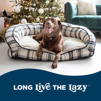 A brown dog lounges on a La-Z-Boy Harper Sofa Plaid in a room with a Christmas tree and festive lights. Long Live the Lazy is displayed below in white on blue, highlighting pet comfort for the holidays.