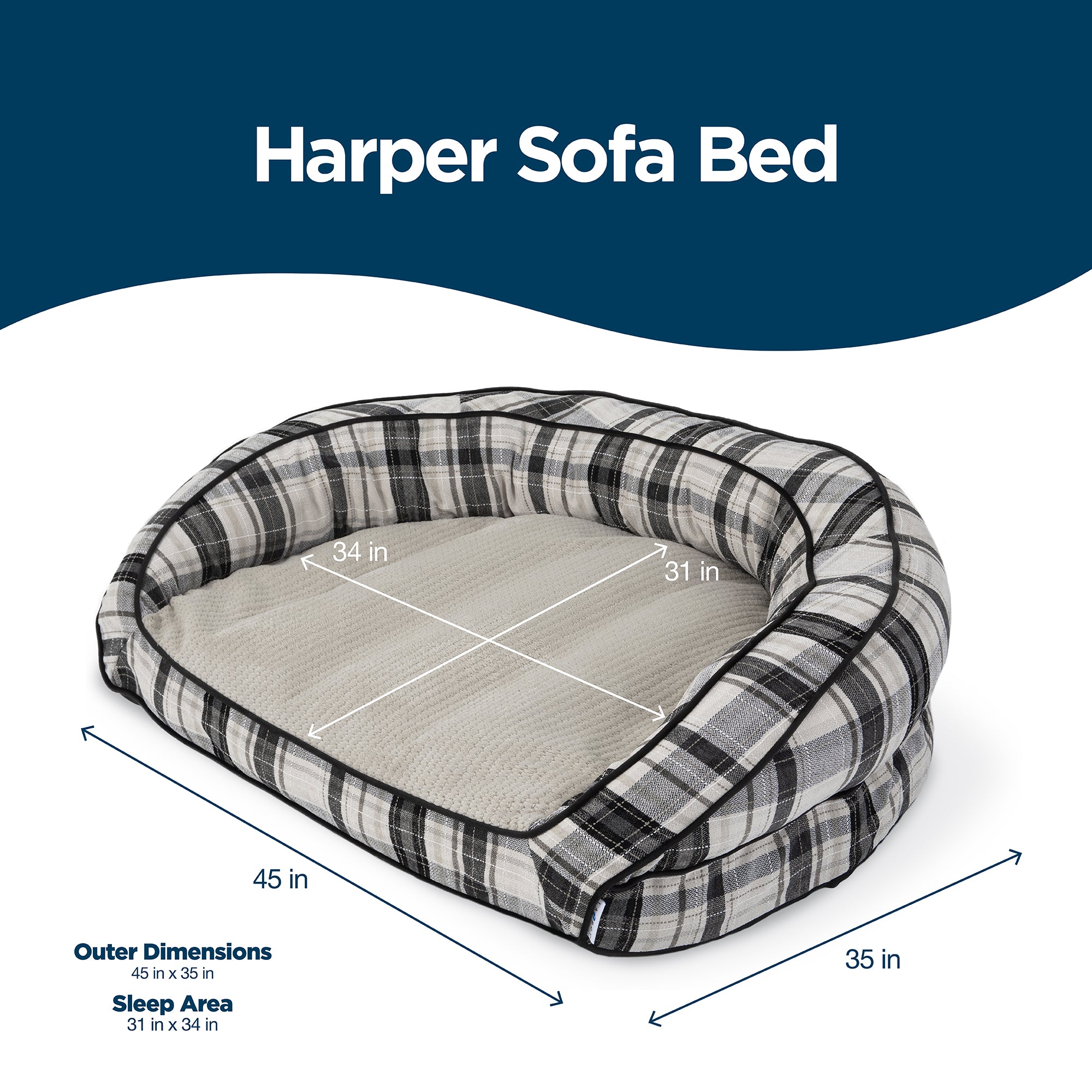 Introducing the La-Z-Boy Harper Sofa Plaid, a dog bed crafted for ultimate pet comfort. With dimensions of 45 x 35 and a sleep area of 31 x 34, it boasts a plaid design, rounded back, side support, and cozy beige center cushion.
