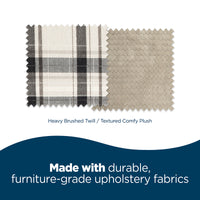 Two fabric swatches labeled Heavy Brushed Twill and Textured Comfy Plush are shown for a dogs bed. One is plaid, the other solid. Text below reads, Made with durable, furniture-grade upholstery fabrics like La-Z-Boy Harper Sofa Plaid for ultimate pet comfort.