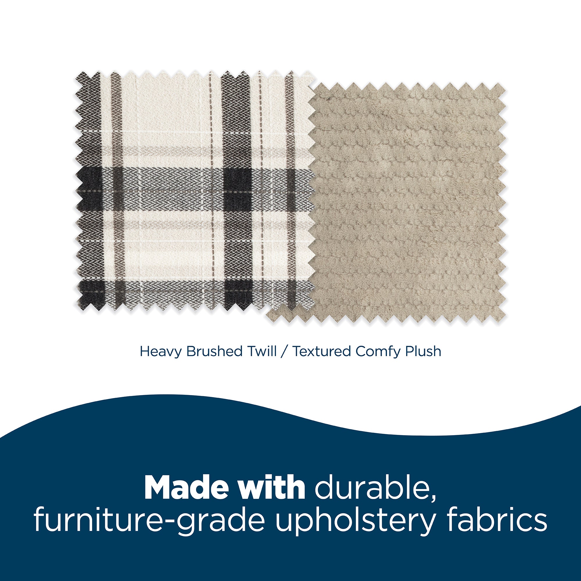 Two fabric swatches labeled Heavy Brushed Twill and Textured Comfy Plush are shown for a dogs bed. One is plaid, the other solid. Text below reads, Made with durable, furniture-grade upholstery fabrics like La-Z-Boy Harper Sofa Plaid for ultimate pet comfort.