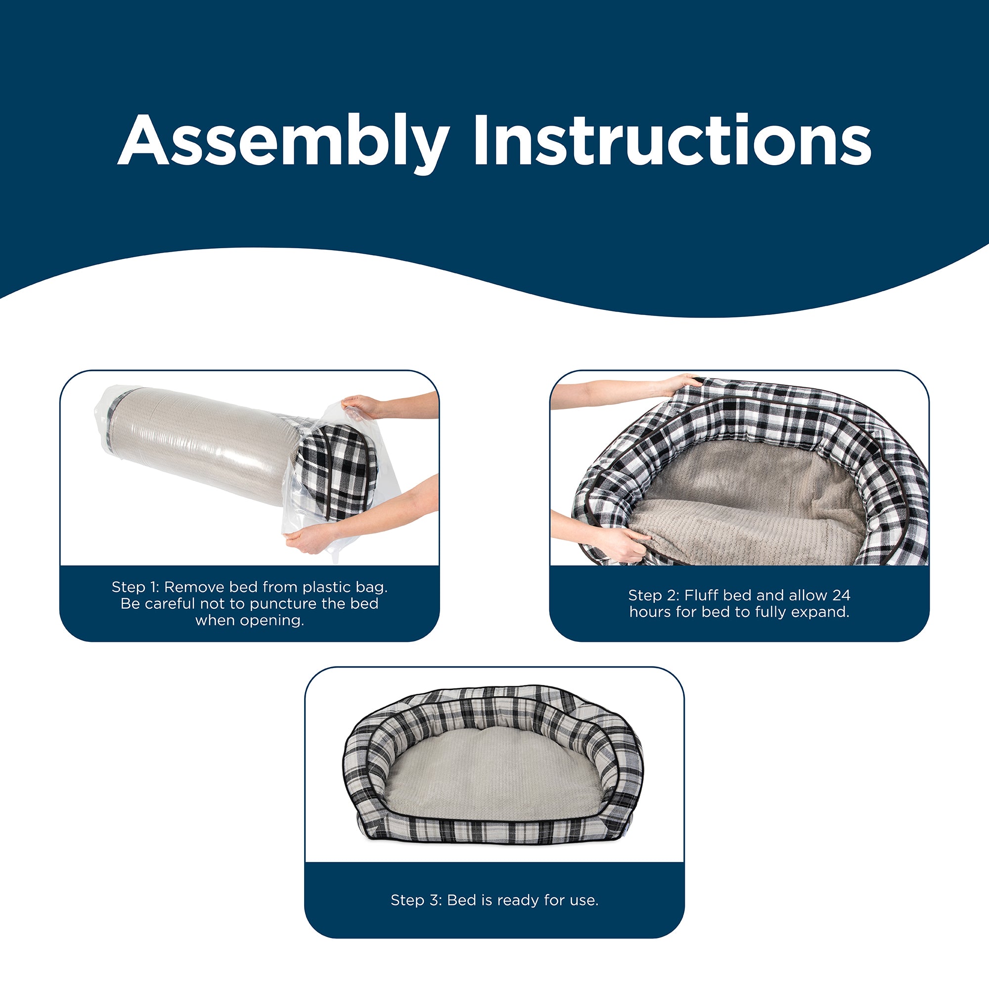 Assembly instructions for the La-Z-Boy Harper Sofa Plaid: Step 1: Remove from the plastic bag. Step 2: Fluff and let it expand for 24 hours to ensure ultimate pet comfort. Step 3: The sofa is ready for use. Illustrated images accompany each step, highlighting the cozy plaid design.