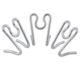Five sleek, silver Aspen Pet Heavy Duty Prong Collar Replacement Links arranged in a semi-circle on a white background echo modern pet accessory elegance with their minimalist, wavy S-shape that reflects light beautifully.