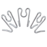 Five sleek, silver Aspen Pet Heavy Duty Prong Collar Replacement Links arranged in a semi-circle on a white background echo modern pet accessory elegance with their minimalist, wavy S-shape that reflects light beautifully.