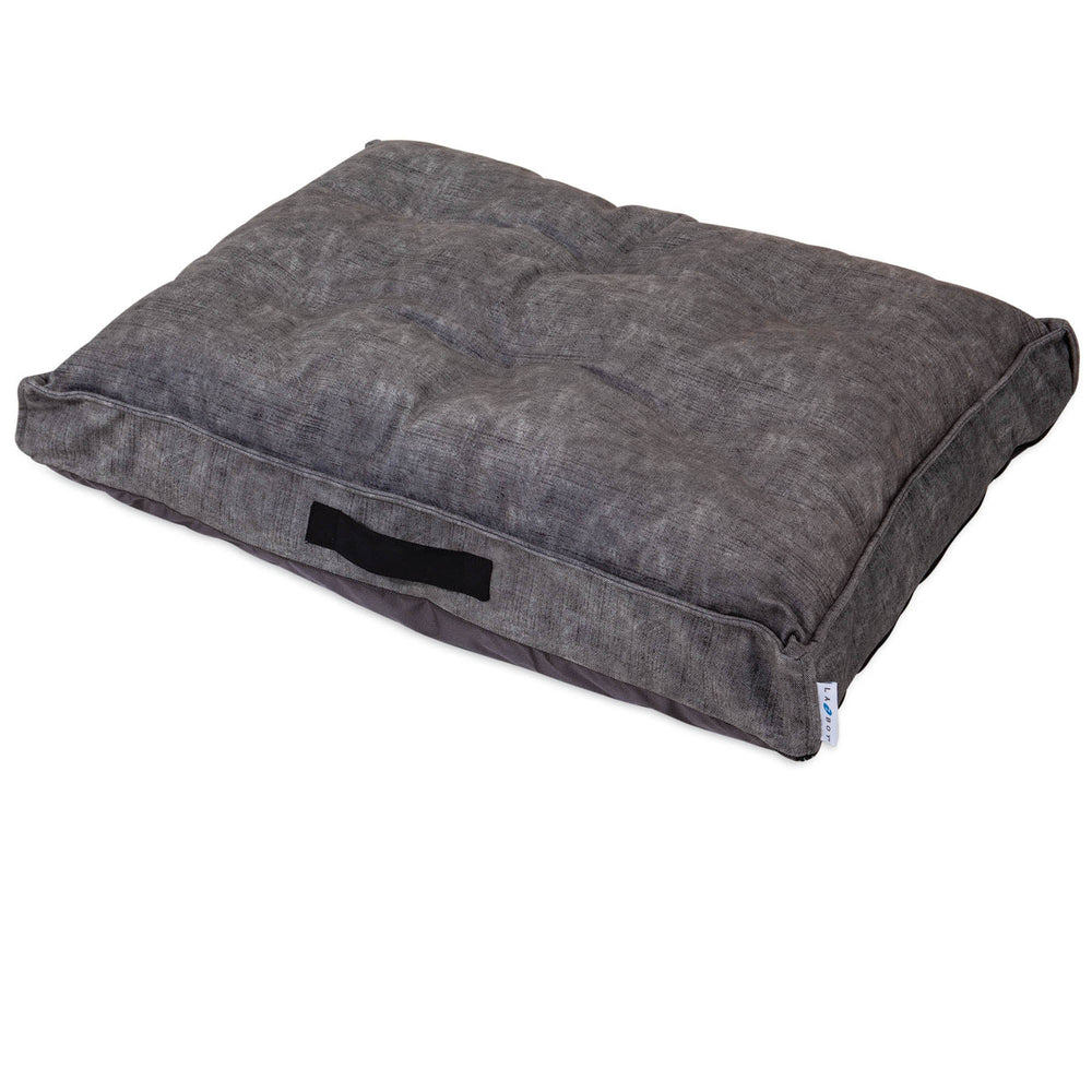 The La-Z-Boy Smoke Twill Cooper Mattress Dog Bed is a rectangular, gray pet bed with textured fabric and a black handle. Infused with ComfortSelect fiberfill and slightly tufted, its perfect for medium-breed dogs and lies elegantly flat on a white background.