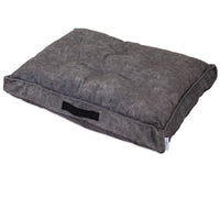 The La-Z-Boy Smoke Twill Cooper Mattress Dog Bed is a rectangular, gray pet bed with textured fabric and a black handle. Infused with ComfortSelect fiberfill and slightly tufted, its perfect for medium-breed dogs and lies elegantly flat on a white background.