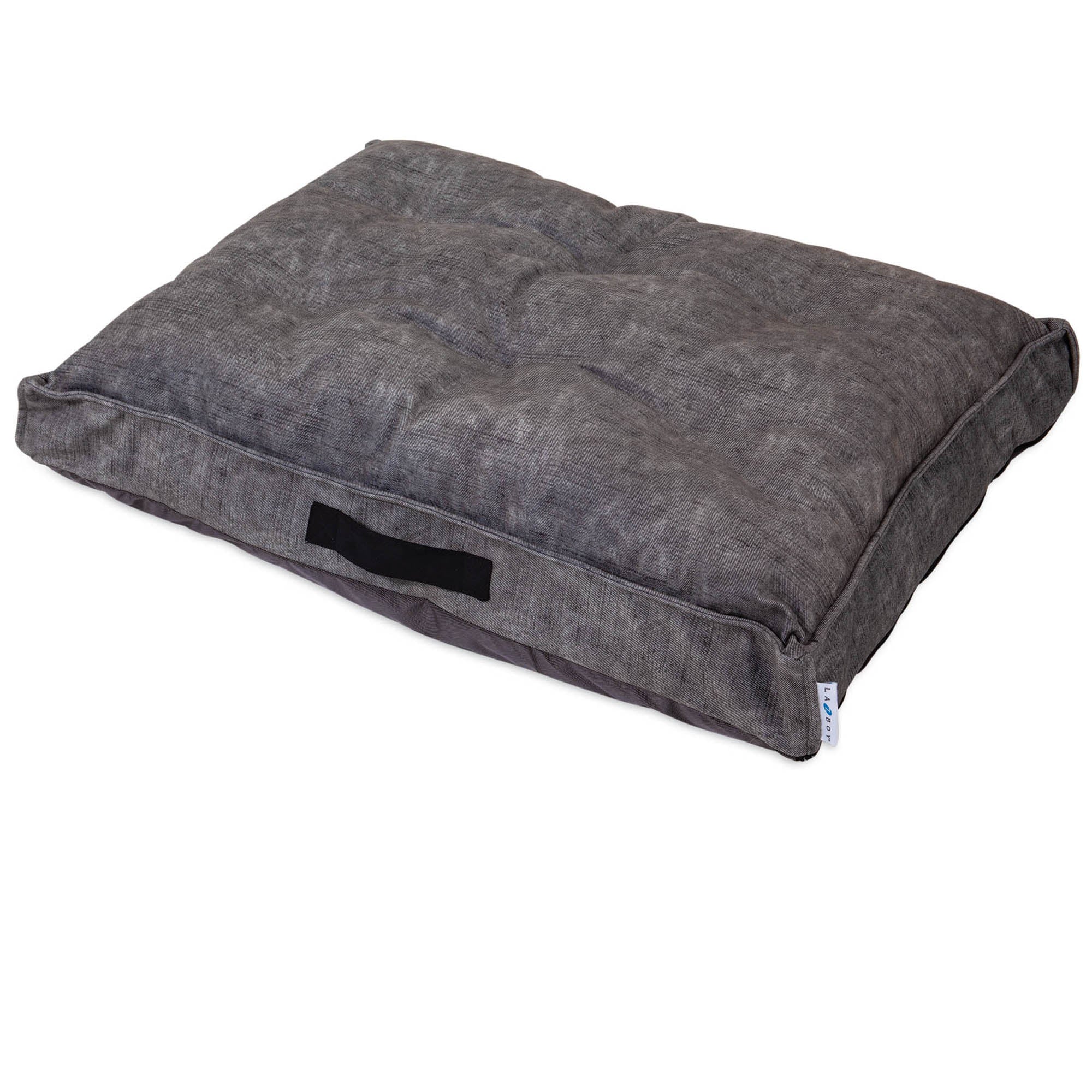 The La-Z-Boy Smoke Twill Cooper Mattress Dog Bed is a rectangular, gray pet bed with textured fabric and a black handle. Infused with ComfortSelect fiberfill and slightly tufted, its perfect for medium-breed dogs and lies elegantly flat on a white background.