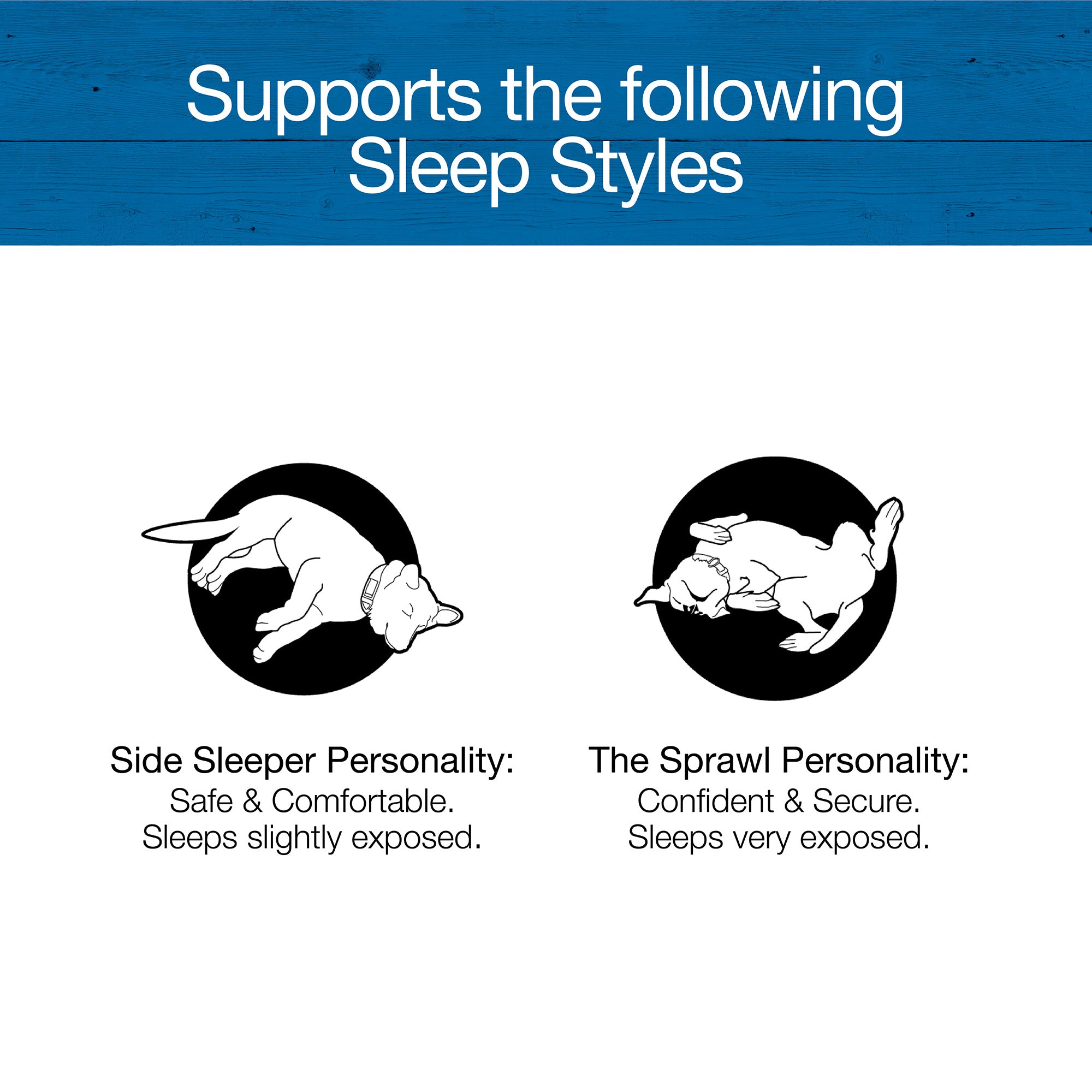The diagram features sleeping styles for medium-breed dogs. Left: Side Sleeper Personality with a dog on its side, labeled Safe & Comfortable, enhanced by the La-Z-Boy Smoke Twill Cooper Mattress Dog Bed. Right: The Sprawl Personality, sprawled out, suggesting confidence and ComfortSelect fiberfill support.