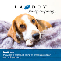 A beagle puppy rests on a fluffy grey blanket, gazing up with a gentle expression. Above, the La-Z-Boy logo and Live life comfortably slogan are visible. The text highlights the La-Z-Boy Smoke Twill Cooper Mattress Dog Bed: Offers premium support with ComfortSelect fiberfill for medium breeds.