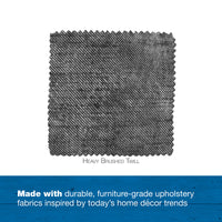 A sample of heavy brushed twill fabric swatch with a diagonal weave pattern and text below reads: Crafted with durable, furniture-grade upholstery fabrics inspired by todays home décor trends, ideal for the La-Z-Boy Smoke Twill Cooper Mattress Dog Bed on a blue background.