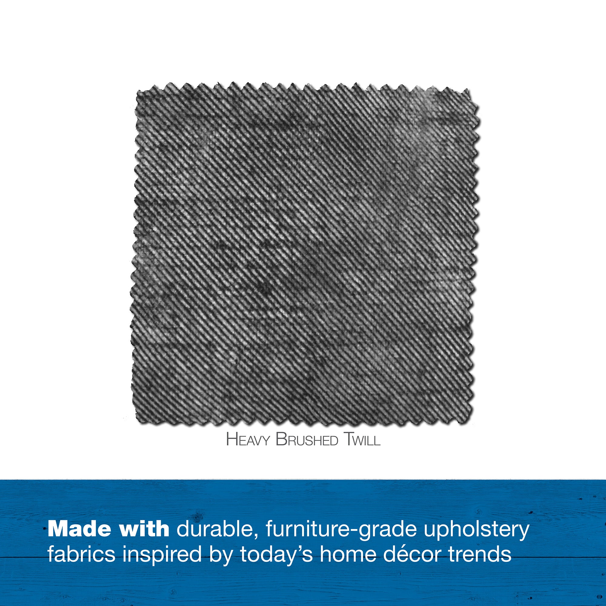 A sample of heavy brushed twill fabric swatch with a diagonal weave pattern and text below reads: Crafted with durable, furniture-grade upholstery fabrics inspired by todays home décor trends, ideal for the La-Z-Boy Smoke Twill Cooper Mattress Dog Bed on a blue background.