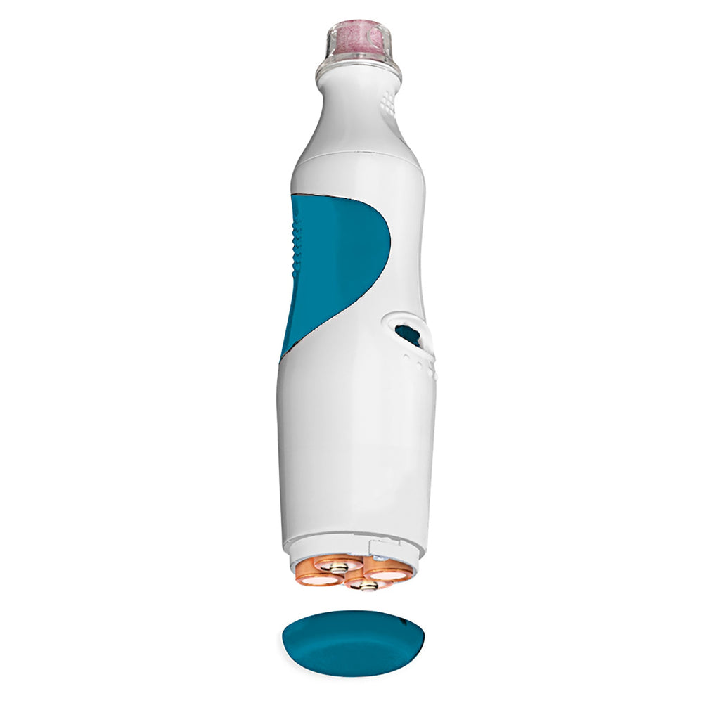 A device resembling the Aspen Pet Furbuster Perfect Paws Nail Trimmer with a white and teal design is shown without its battery cover, revealing the battery compartment. A circular teal cover is positioned below it.