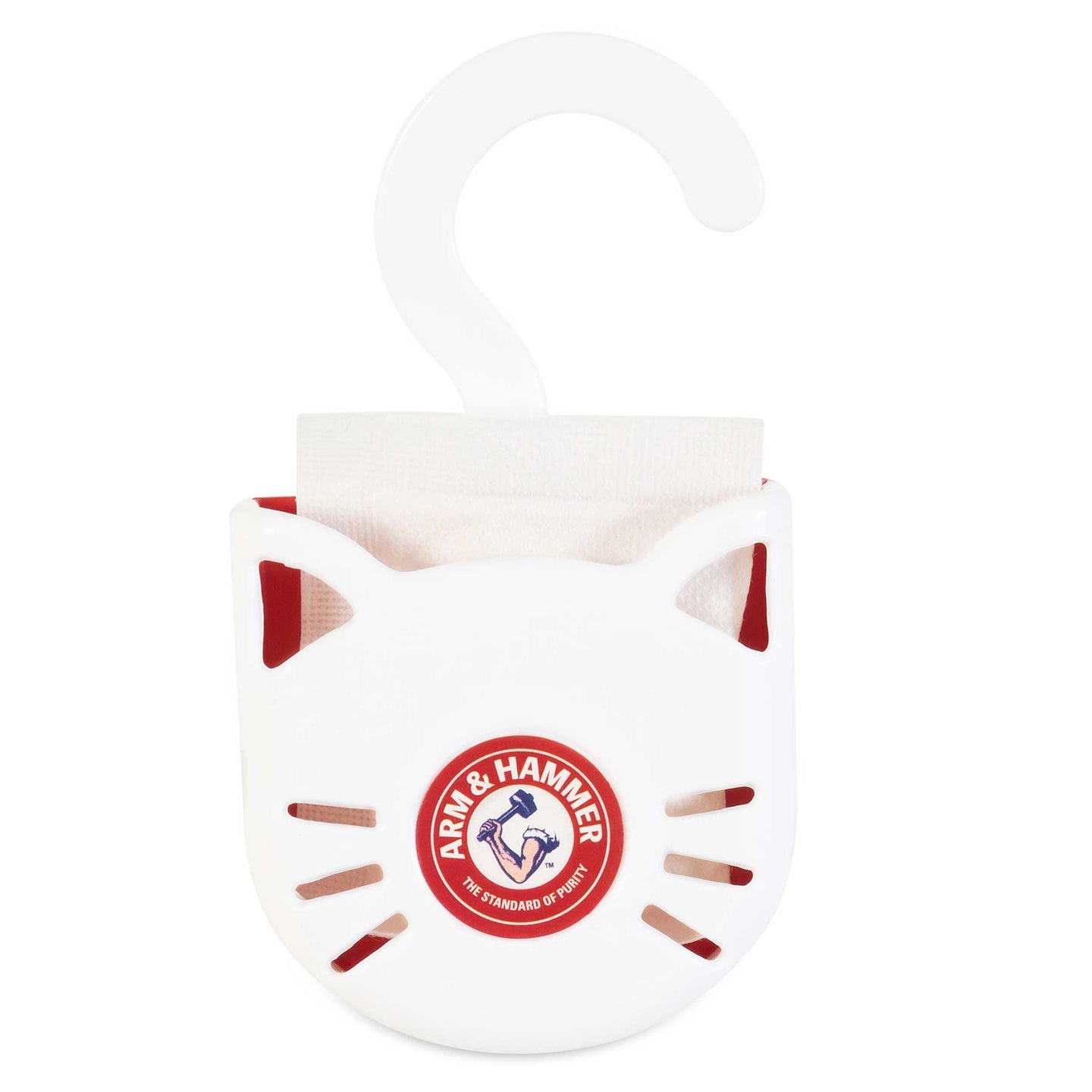 The Arm & Hammer Purifying Pak Cat Litter Deodorizer comes in a white cat-shaped holder with side slits for ultimate odor protection. It features a top hook for easy attachment and displays the iconic red and white Arm And Hammer logo.