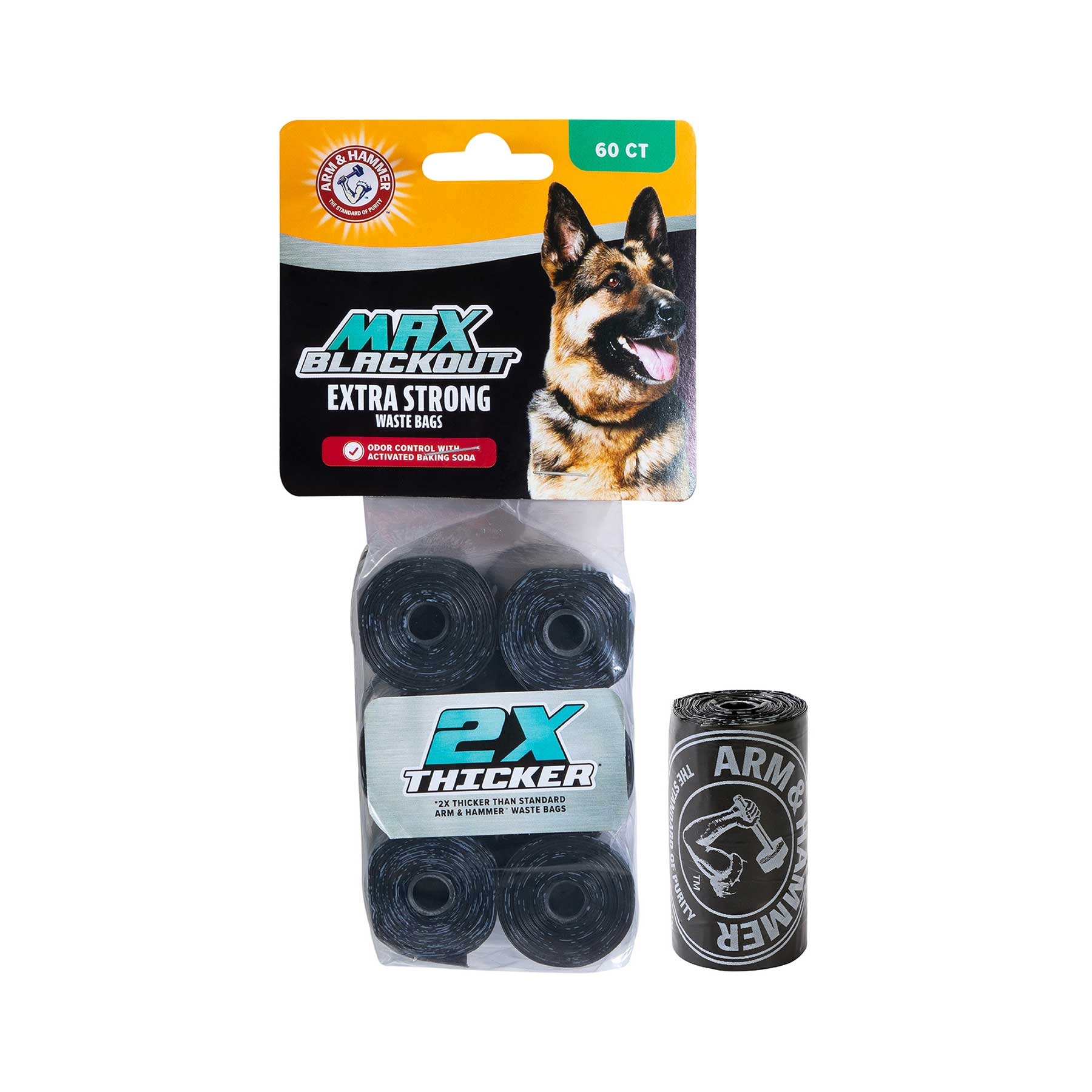 Introducing Arm & Hammer MAX Blackout Dog Waste Bags, showcasing a majestic German Shepherd. Infused with activated baking soda for superior odor control, the pack includes multiple rolls with 60 CT and 2X Thicker prominently displayed.