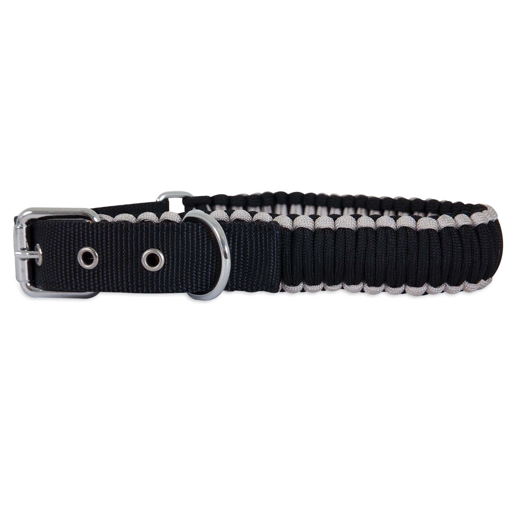 The Aspen Pet Paracord Dog Collar, crafted in black and white with a hand-braided design, includes a silver buckle and metal ring, ensuring its one of the most durable collars from Aspen Pet.