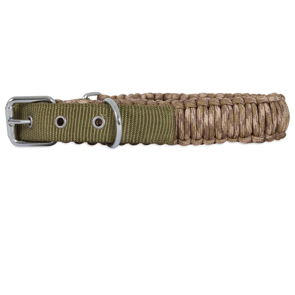 This rugged Aspen Pet Paracord Dog Collar is hand-braided from woven beige paracord and olive green fabric, featuring a metal buckle and adjustable size holes, embodying the durability associated with Aspen Pet products.