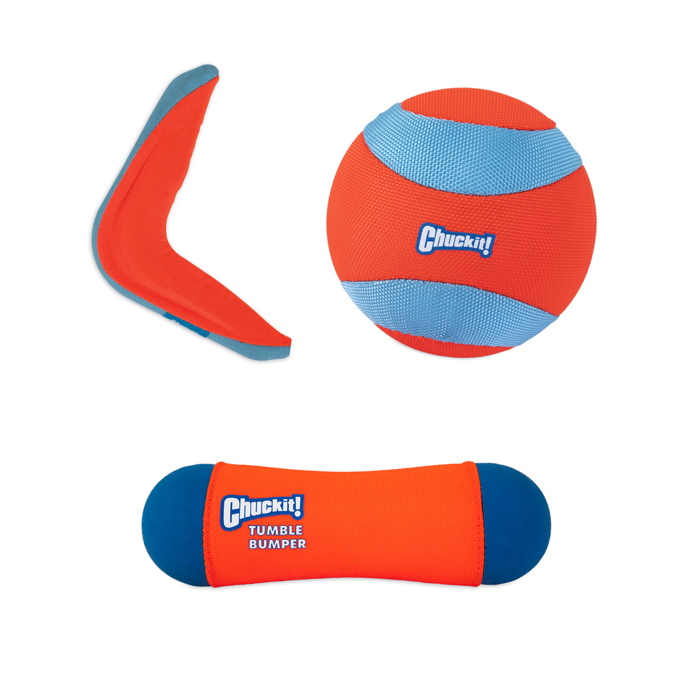 Check out the Chuckit! Amphibious Bundle Pack from Chuckit, featuring a boomerang, a ball, and a cylinder-shaped bumper. With Bounceflex Core and blue textured areas for grip on the ball and bumper, these fetch toys promise endless fun in any environment.