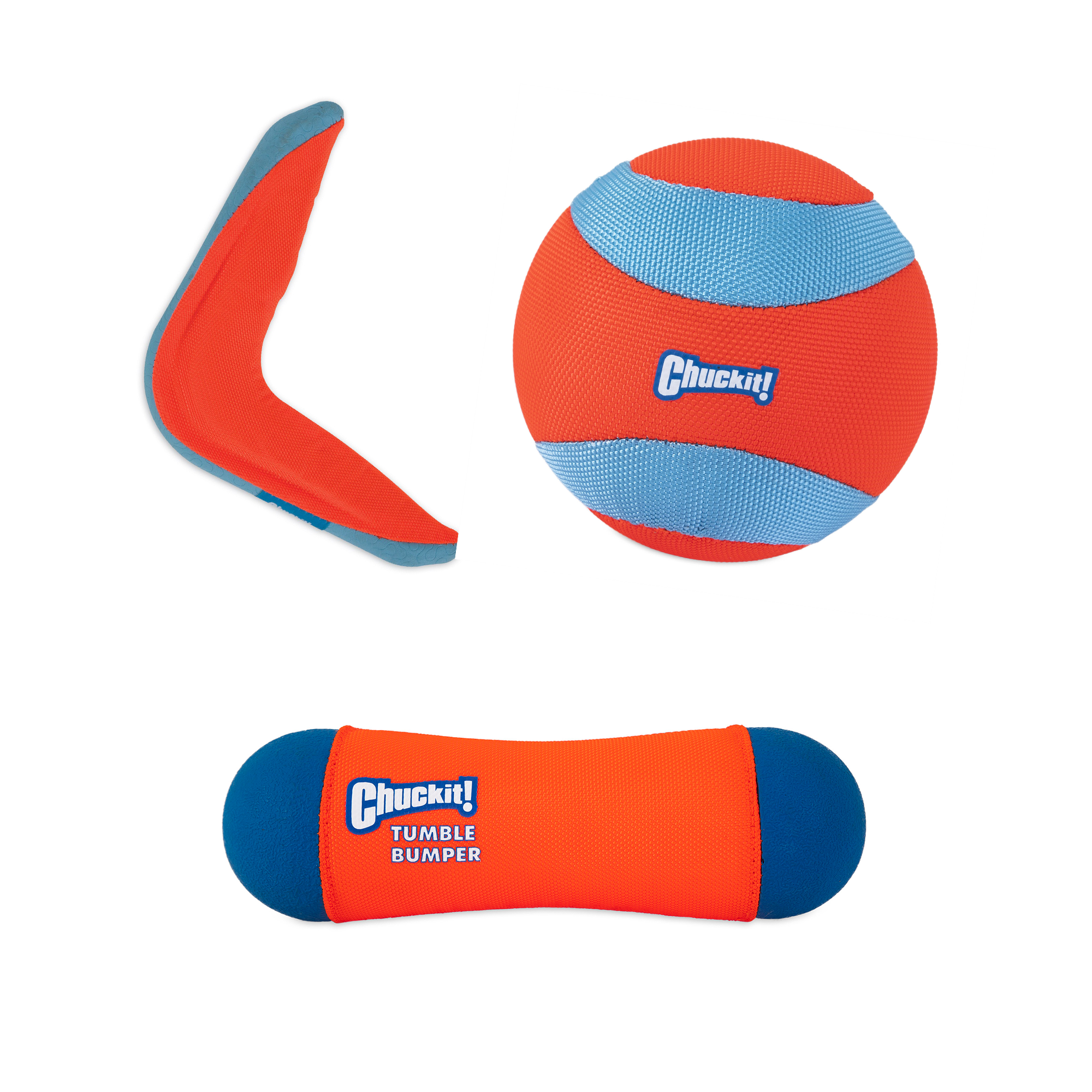 Check out the Chuckit! Amphibious Bundle Pack from Chuckit, featuring a boomerang, a ball, and a cylinder-shaped bumper. With Bounceflex Core and blue textured areas for grip on the ball and bumper, these fetch toys promise endless fun in any environment.