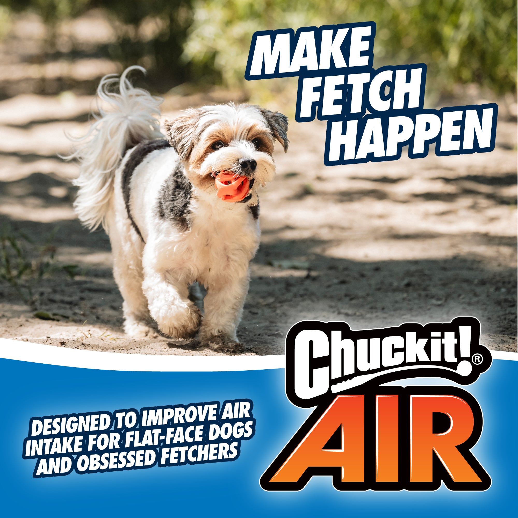 A fluffy small dog carries a Chuckit Air Fetch Ball, highlighting its durable design for improved air intake. The image features the text Make Fetch Happen for fetch enthusiasts and flat-face dogs.