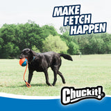 A black dog dashes over a grassy field gripping a Chuckit! Rope Fetch Dog Toy, orange and blue with a strap. Make Fetch Happen appears at the top, while the Chuckit logo anchors the bottom of the image.