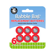 A package of six AG13/LR44 batteries from Petqwerks, designed for Pet Qwerks Babble Balls, is displayed against a blue and green backdrop. The label states they are replacement batteries with each Babble Ball requiring three.
