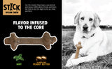 A promotional image for the BarkBone Natural Instincts Mint Infused Stick Nylon Dog Chew showcases a dog with a bone-shaped toy, emphasizing its natural appearance, mint and peanut butter flavors, allergen-free ingredients, and ease of handling for dogs while chewing or fetching.