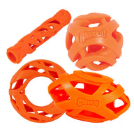 The Chuckit Breathe Easy Fetch Kit includes four orange rubber toys with open lattice designs—a ring, two balls, and a stick—specially made for short-nosed dogs. Perfect fetch bundle from Chuckit!.