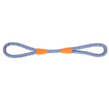 Meet the Chuckit! Mountain Rope Tug by Chuckit—a durable toy for active pets. Its blue and white striped rope forms loops at each end, connected centrally by an orange piece, creating a symmetrical figure-eight shape on a white background.