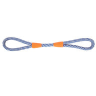 Meet the Chuckit! Mountain Rope Tug by Chuckit—a durable toy for active pets. Its blue and white striped rope forms loops at each end, connected centrally by an orange piece, creating a symmetrical figure-eight shape on a white background.