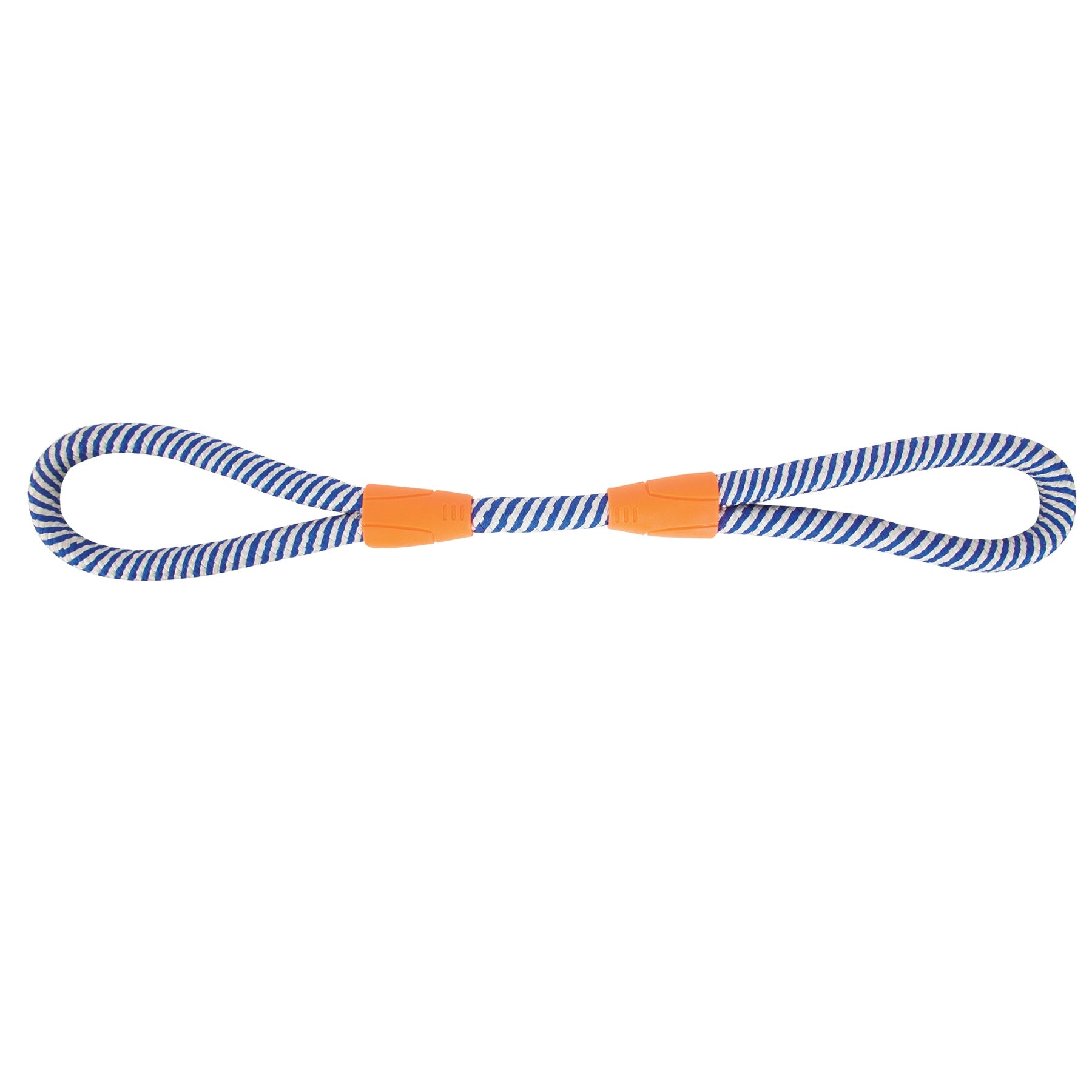 Meet the Chuckit! Mountain Rope Tug by Chuckit—a durable toy for active pets. Its blue and white striped rope forms loops at each end, connected centrally by an orange piece, creating a symmetrical figure-eight shape on a white background.