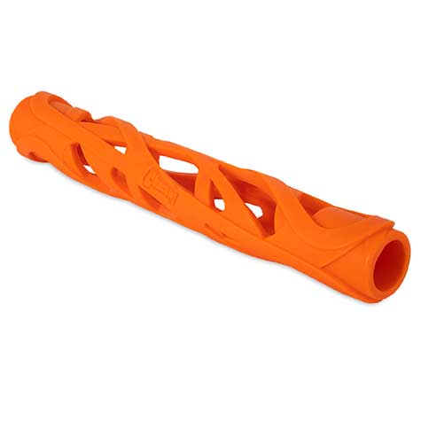 The Chuckit! Air Fetch Stick Dog Toy by Chuckit is an orange rubber toy for dogs, featuring a durable hollow cylindrical structure with a geometric cutout design for endless fetch fun.
