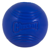 The Chuckit! Super Crunch Ball by Chuckit is a blue rubber toy with a Chuckit! logo and curved indents for grip. Made from durable TPR, it produces a crackling sound to engage pets during playtime.